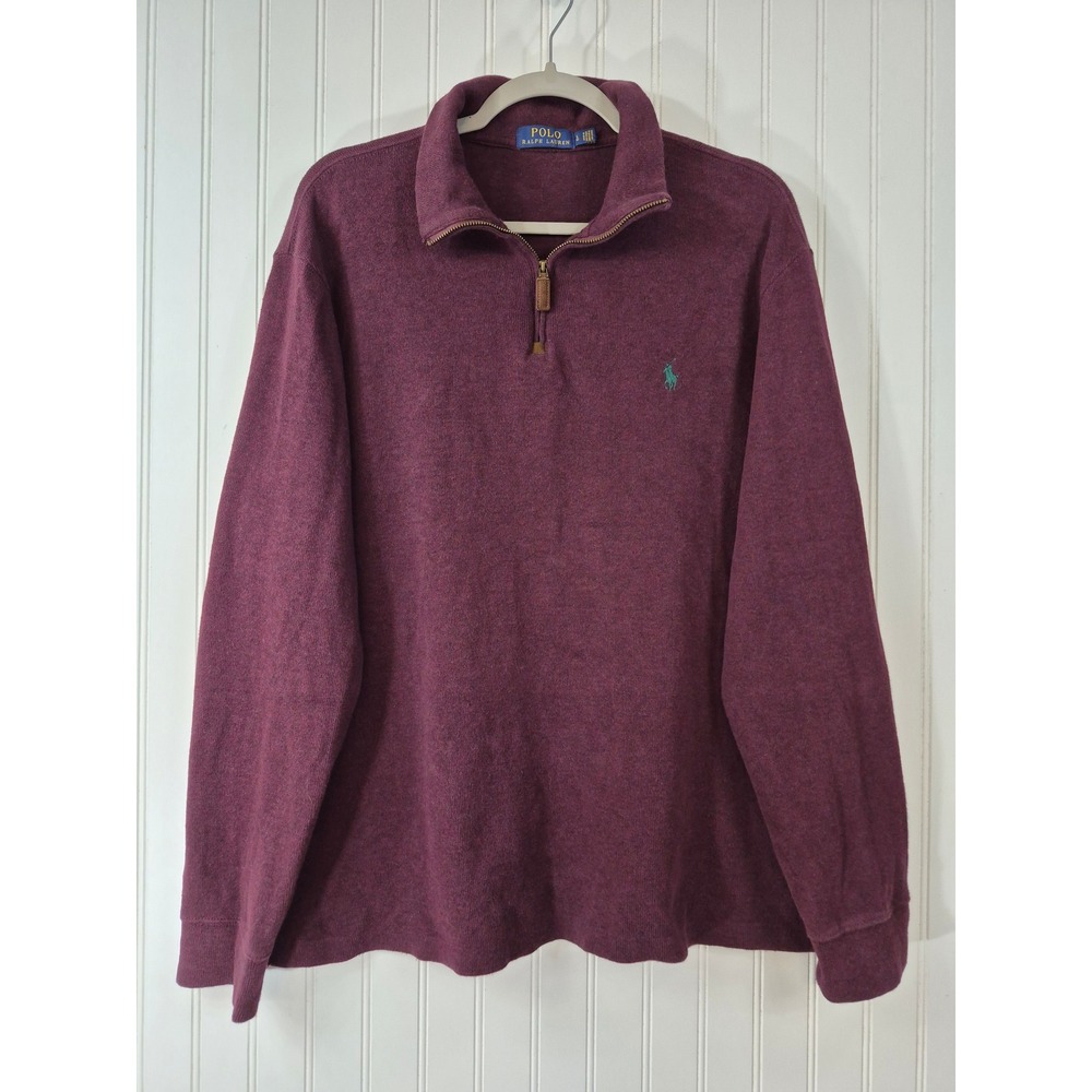 Polo RL Mens Large Burgundy Cotton 1/4 Zip Pullover Sweater Preppy Long-sleeve